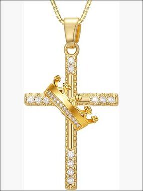 18K Yellow Gold Cross Crown Pendant Necklace